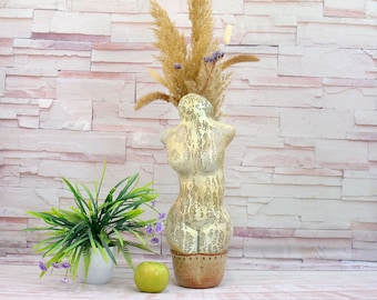 Handmade Ceramic Curvy woman Body Vase, Abstract torso, Metal art sculpture with Ceramic bottom, sexy nude metal torso