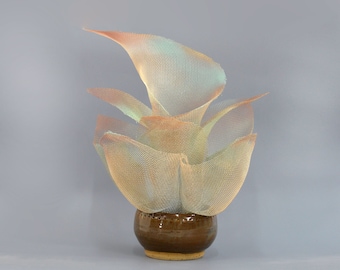 Handmade Ceramic Curvy Body Vase, Abstract Flower, Metal art sculpture with Ceramic bottom, Interior design home decor
