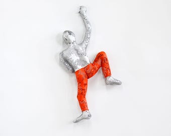 Climbing Sculpture Wall Art Gift For Home Decorating Interior Design Rock Climber Climbing Man - Silver + Orange