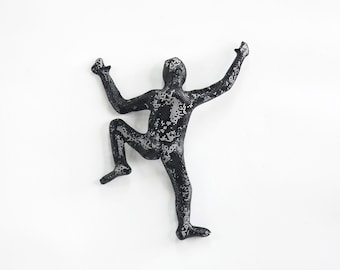 Climbing man sculpture, wire mesh sculpture, Hanging sculpture, Modern metal art - Black