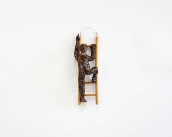 Metal wall art, Climbing man sculpture on wood ladder, Housewarming gift, wire mesh sculpture, Contemporary art