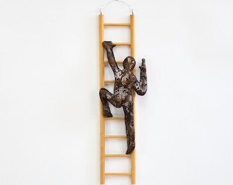 Metal wall art, Climbing man sculpture on wood ladder, Housewarming gift, wire mesh sculpture, Contemporary art