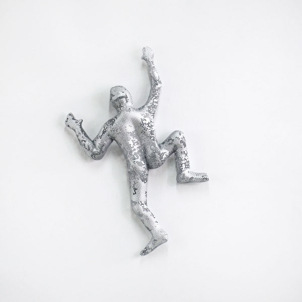 Climbing man sculpture, wire mesh sculpture, Hanging sculpture, Modern metal art - Silver