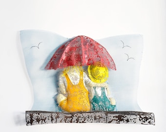 Children Metal Mesh Sculpture, Unique Wire Wall Art, Two Kids Under Red Umbrella, Handmade Nursery Decor, One of a Kind Gift for Mom