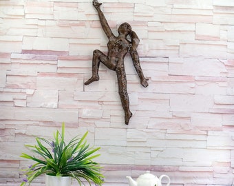 Climbing woman Figure, Metal wall art, Rock climber, Wire mesh sculpture, Wall hanging