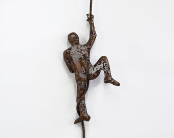 Wall hanging, Climbing man on rope, home decor, metal sculpture, wire art, Contemporary art, 3d wall art