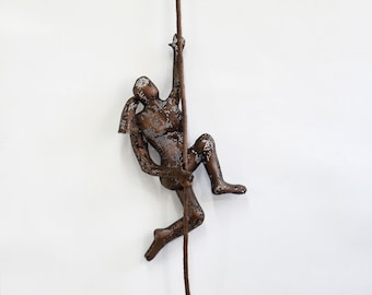Climbing woman with rope, wire mesh sculpture, wall hanging, Contemporary metal wall art, mountain climber
