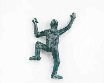 Climbing man sculpture, Contemporary metal wall art, wire mesh sculpture, wall hanging - Green