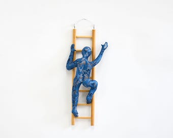 Climbing man sculpture on wood ladder, Metal wall art, Housewarming gift, wire mesh sculpture, Contemporary art