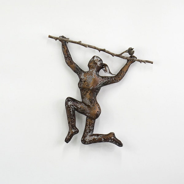 Metal wall art, Climbing woman sculpture on tree branch, sports art, housewarming gift, wall decor