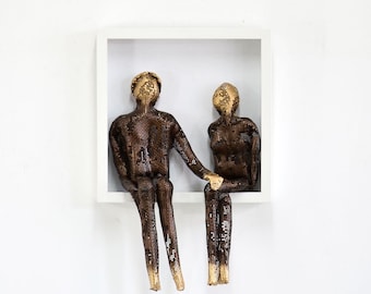 Metal wall art, Framed art, Couple sitting hugging sculpture, Housewarming gift, Wire mesh sculpture