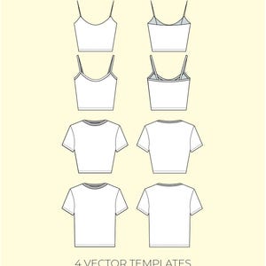 Op de afbeelding: Een digitale modeontwerpbron getiteld ESSENTIAL TOPS CAD PACK, met technische lijntekeningen van de voor- en achterkant van twee hemdjes en twee T-shirtstijlen. Bevat 4 VECTOR TEMPLATES door SPEC'D BY SPENCE.