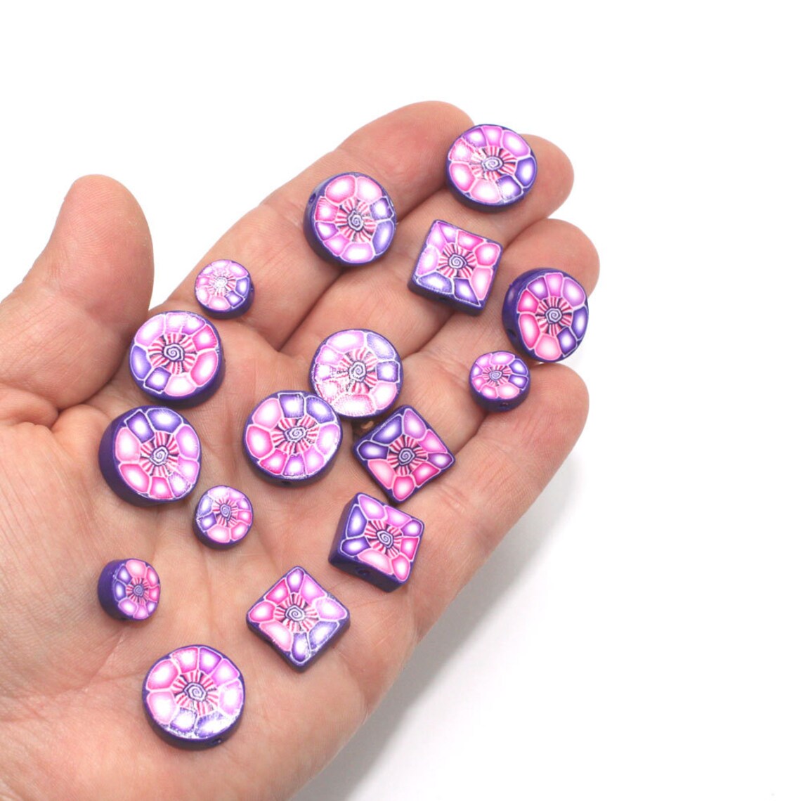 Flat Violet Pink Flower Beads in Rounds and Squares Elegant Etsy