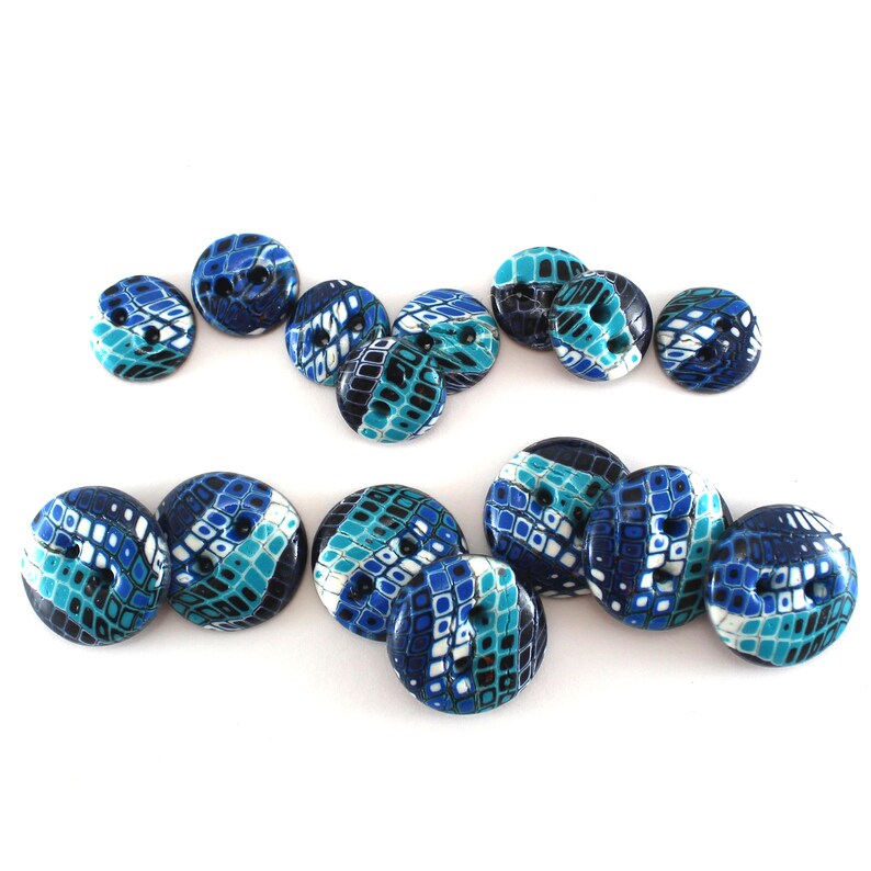 Artisan buttons handmade polymer clay buttons in blue turquoise and white retro sewing knitting and decoration handmade buttons