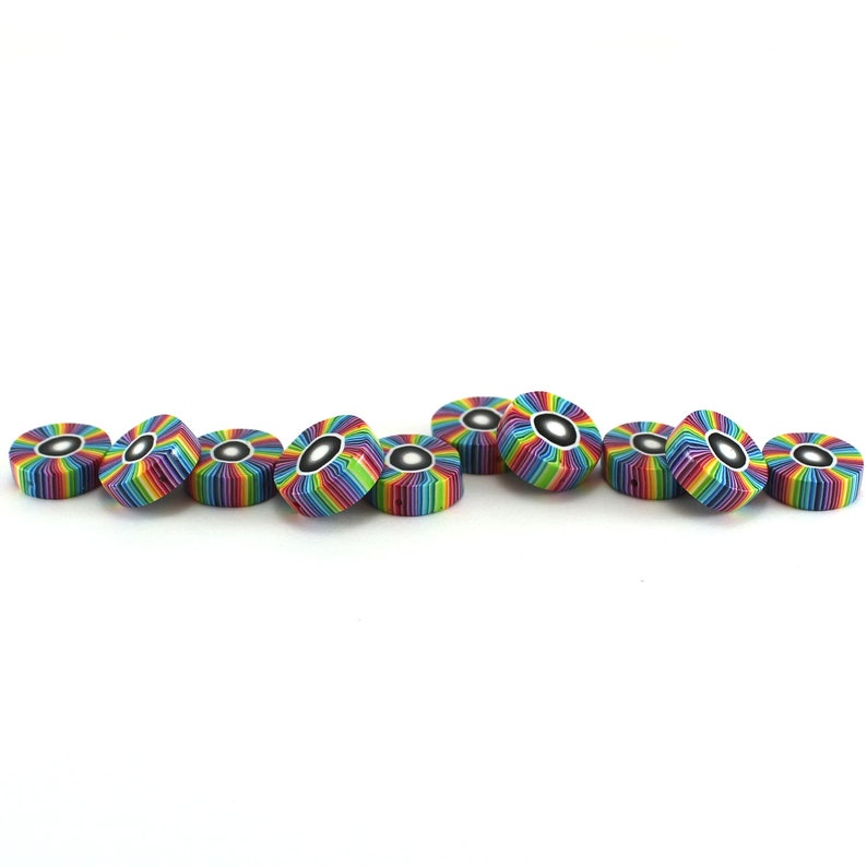 unique set of 10 polymer clay rainbow beads Colorful stripes beads round flat beads for jewelry making craft supplies beads candy beads