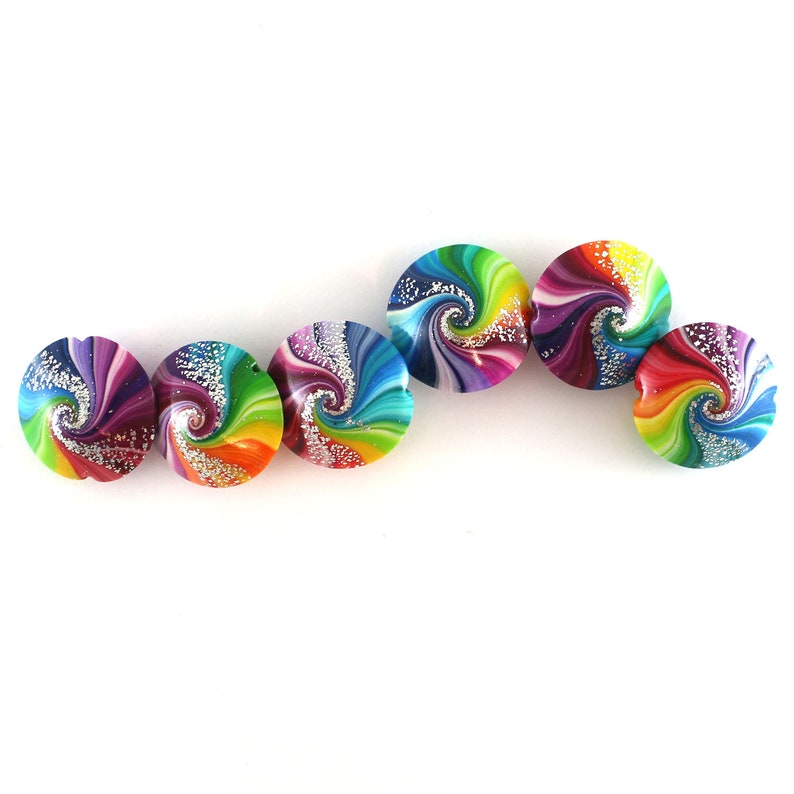 swirl lentil beads with silver Polymer clay beads in rainbow colors 6 colorful focal beads for craft supplies