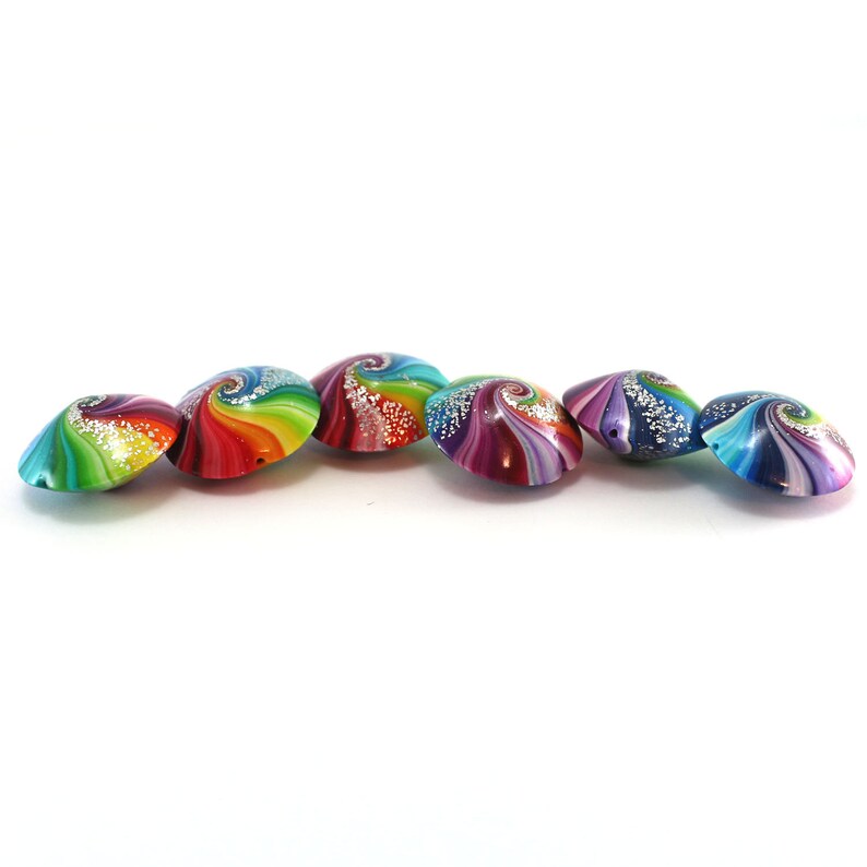 swirl lentil beads with silver Polymer clay beads in rainbow colors 6 colorful focal beads for craft supplies