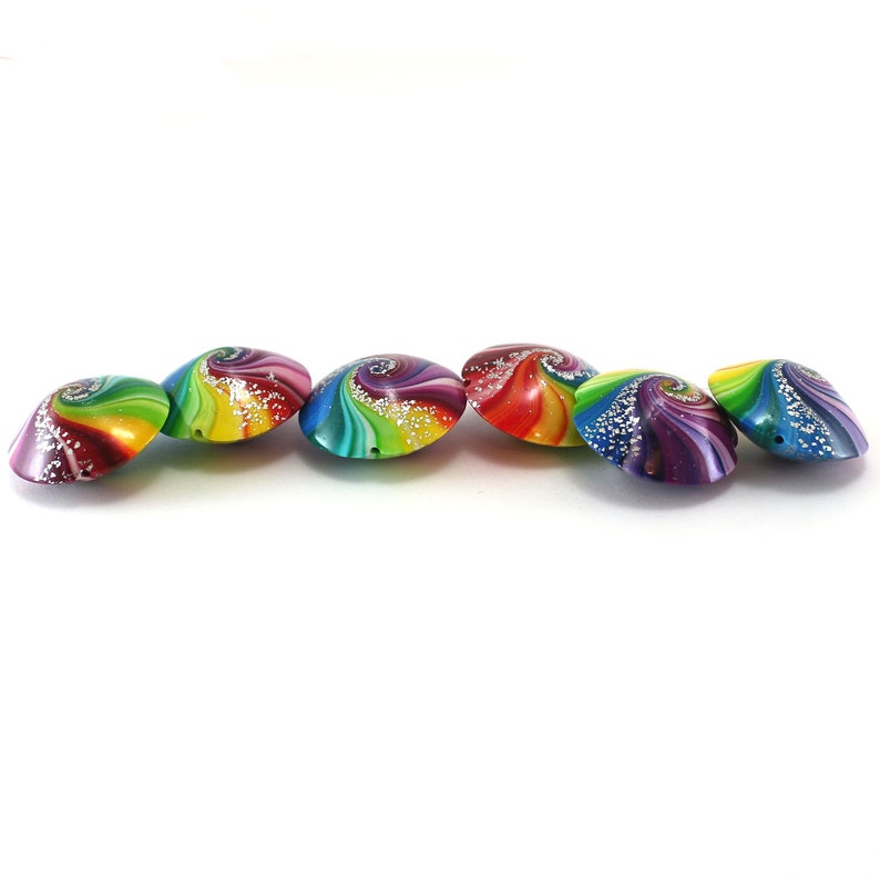 swirl lentil beads with silver Polymer clay beads in rainbow colors 6 colorful focal beads for craft supplies