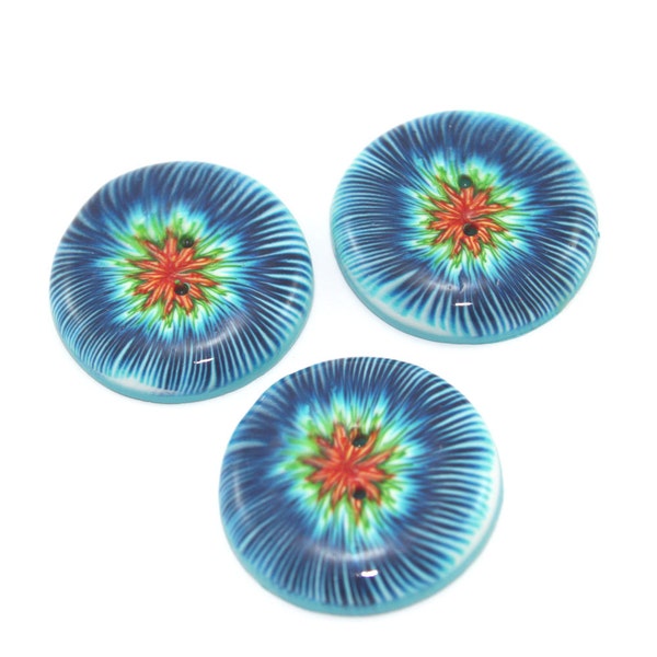 Elegant buttons, handmade buttons in a complex pattern of  blue turquoise green and orange stripes, unique polymer clay buttons. set of 3