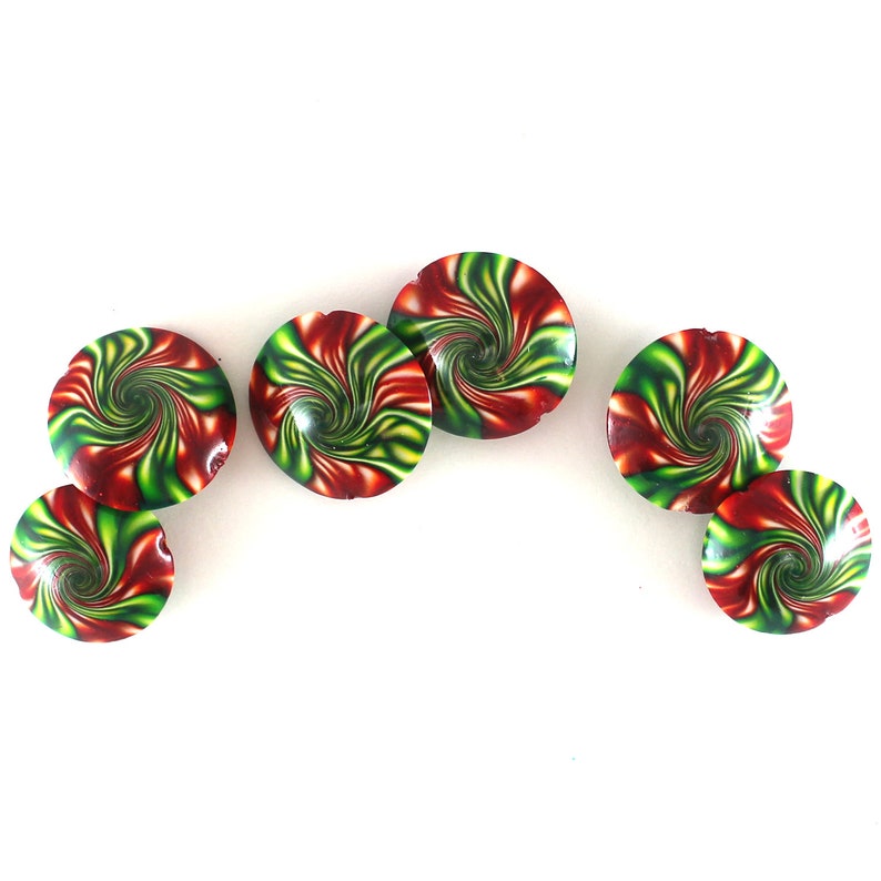 focal beads 6 focal beads Swirl lentil beads craft supplies beads green and red polymer clay beads for jewelry making DIY jewelry gift