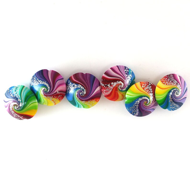 swirl lentil beads with silver Polymer clay beads in rainbow colors 6 colorful focal beads for craft supplies