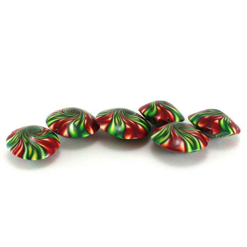 focal beads 6 focal beads Swirl lentil beads craft supplies beads green and red polymer clay beads for jewelry making DIY jewelry gift
