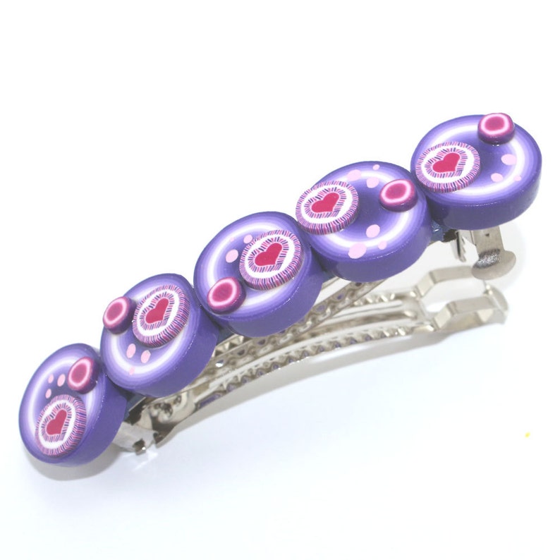 Hair jewelry barrette birthday Valentines gift for women for girls Christmas stocking stuffers pink heart on purple polymer clay hair clip