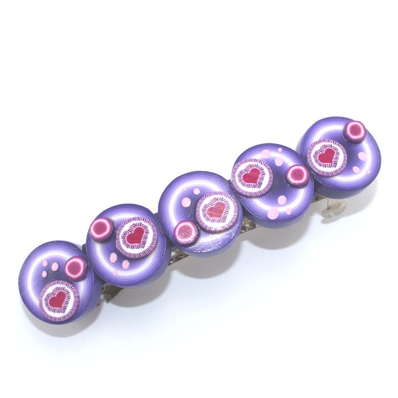 Hair jewelry barrette birthday Valentines gift for women for girls Christmas stocking stuffers pink heart on purple polymer clay hair clip