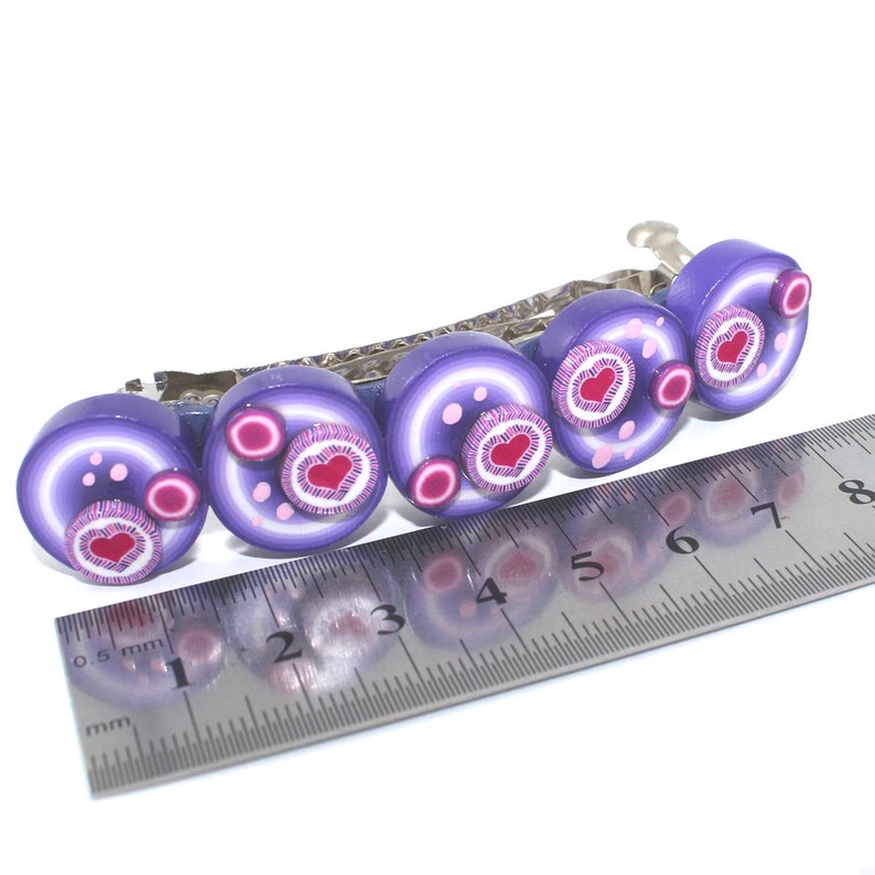 Hair jewelry barrette birthday Valentines gift for women for girls Christmas stocking stuffers pink heart on purple polymer clay hair clip