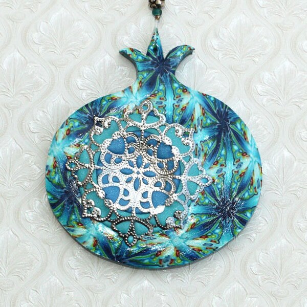 Wall decor Pomegranate, prosperity symbol, Polymer clay unique Pomegranate, pomegranate in blue and turquoise, rosh hashanah gift