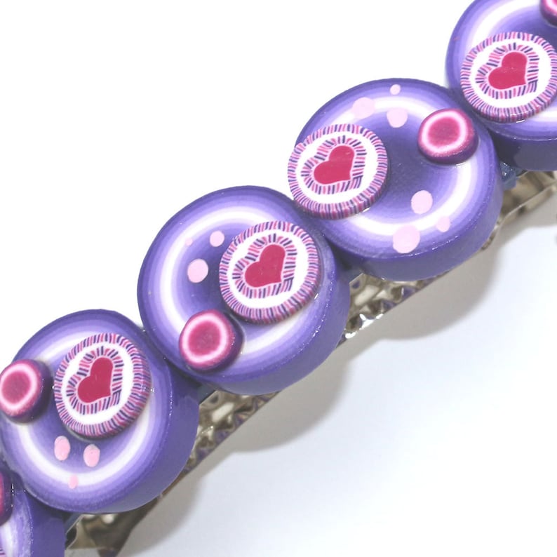 Hair jewelry barrette birthday Valentines gift for women for girls Christmas stocking stuffers pink heart on purple polymer clay hair clip
