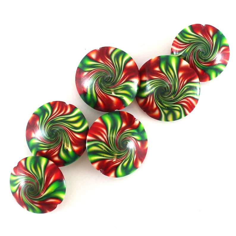 focal beads 6 focal beads Swirl lentil beads craft supplies beads green and red polymer clay beads for jewelry making DIY jewelry gift