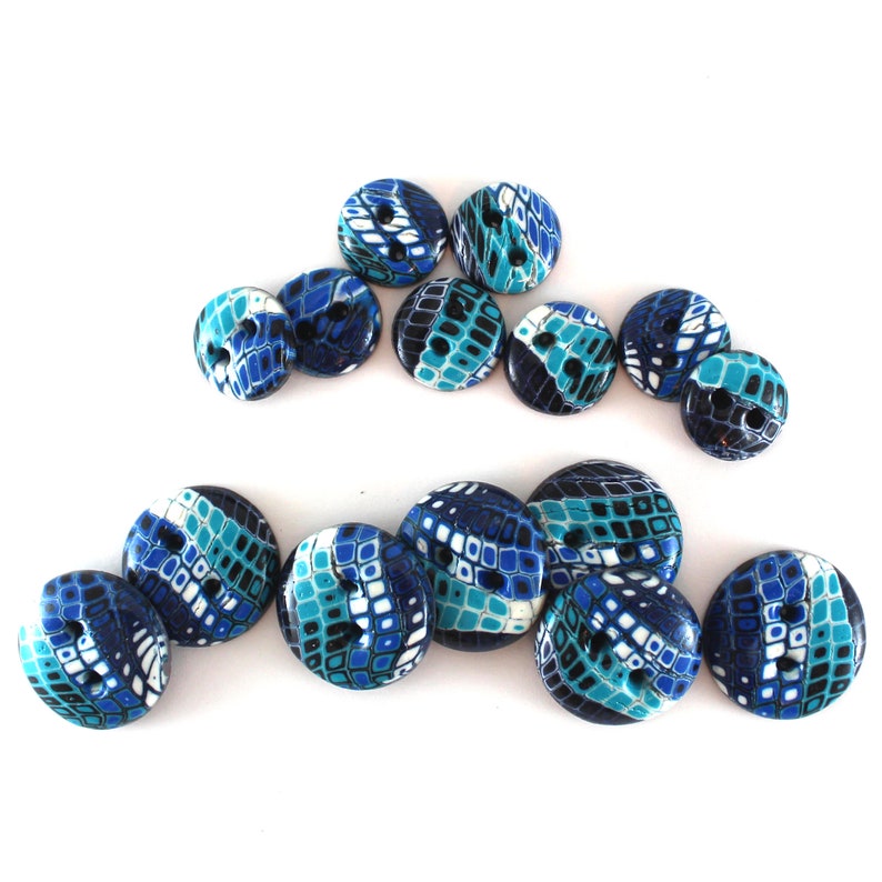 Artisan buttons handmade polymer clay buttons in blue turquoise and white retro sewing knitting and decoration handmade buttons
