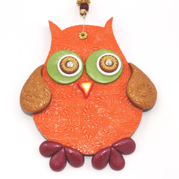 Wall decor owl, polymer clay elegant owl, a single owl in maroon, green, orange, gold and red, nursery owl decor