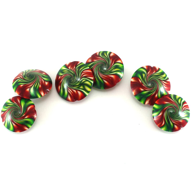 focal beads 6 focal beads Swirl lentil beads craft supplies beads green and red polymer clay beads for jewelry making DIY jewelry gift