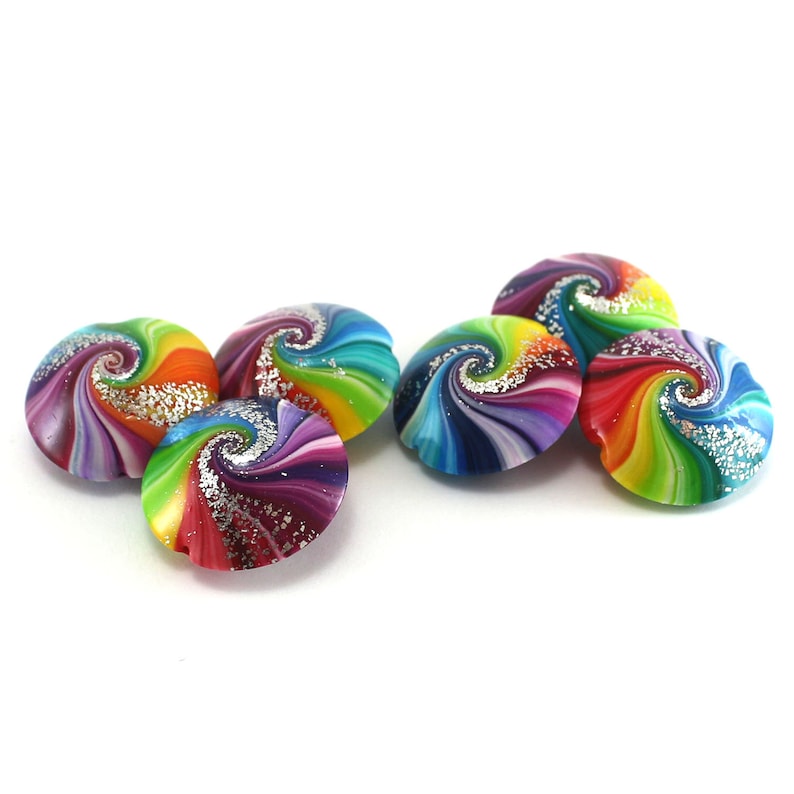 swirl lentil beads with silver Polymer clay beads in rainbow colors 6 colorful focal beads for craft supplies