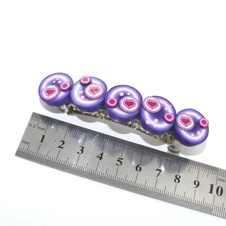 Hair jewelry barrette birthday Valentines gift for women for girls Christmas stocking stuffers pink heart on purple polymer clay hair clip