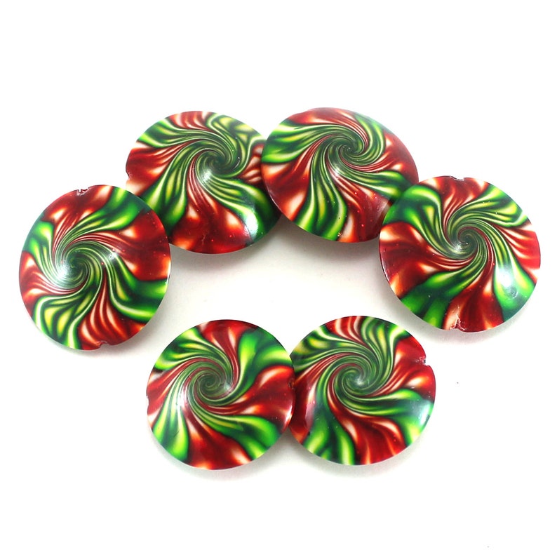 focal beads 6 focal beads Swirl lentil beads craft supplies beads green and red polymer clay beads for jewelry making DIY jewelry gift
