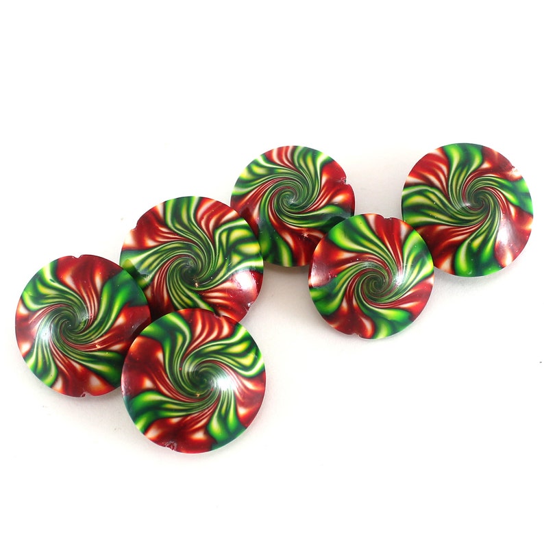 focal beads 6 focal beads Swirl lentil beads craft supplies beads green and red polymer clay beads for jewelry making DIY jewelry gift