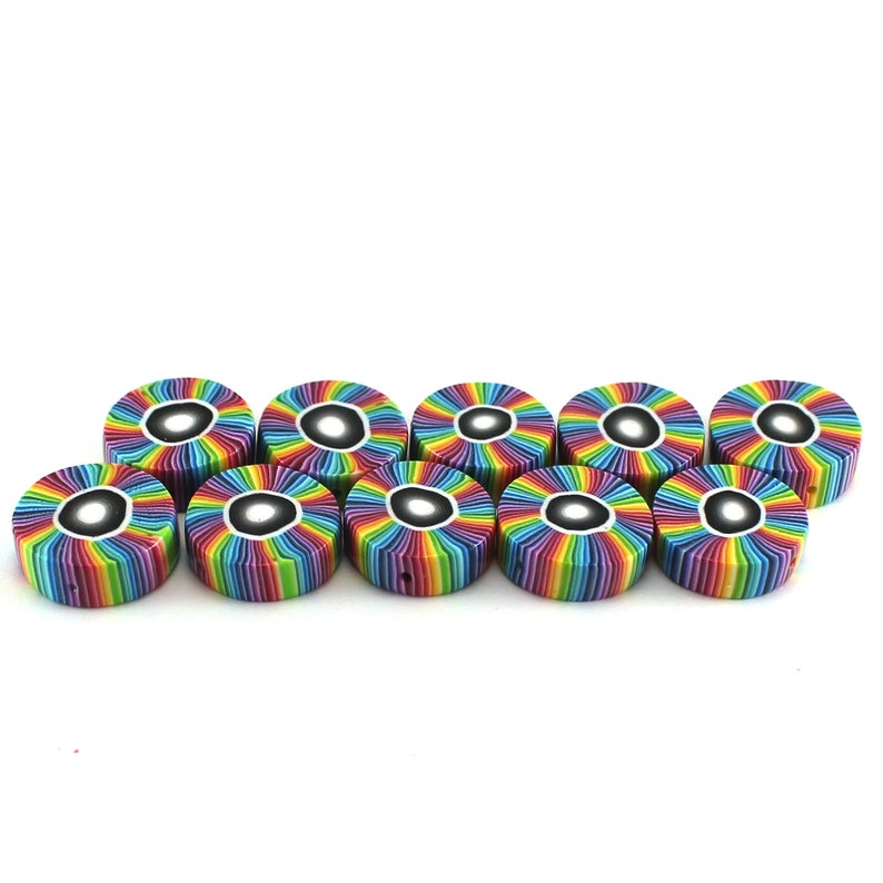 unique set of 10 polymer clay rainbow beads Colorful stripes beads round flat beads for jewelry making craft supplies beads candy beads