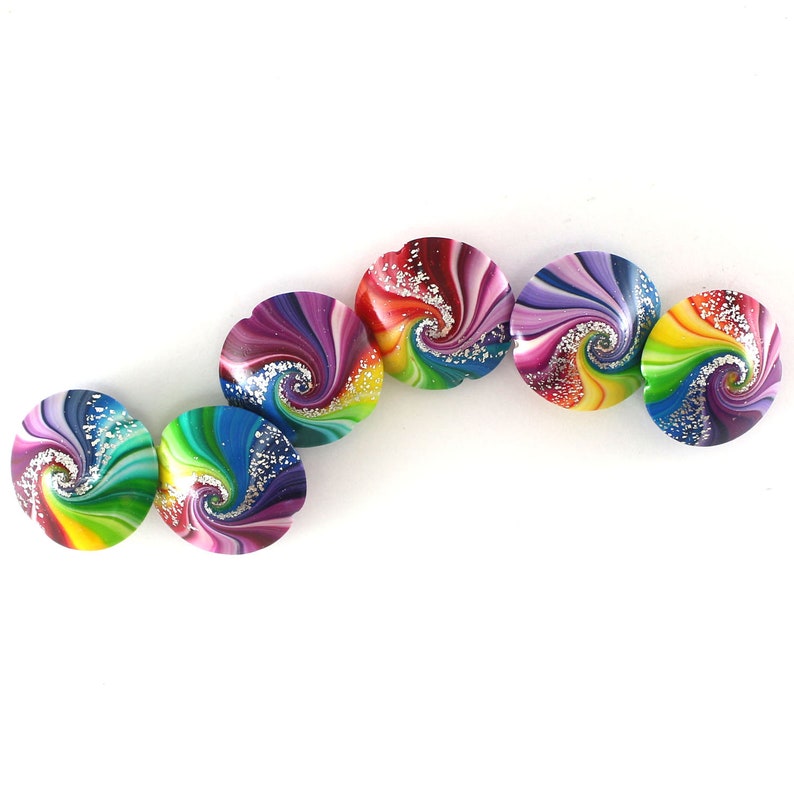 swirl lentil beads with silver Polymer clay beads in rainbow colors 6 colorful focal beads for craft supplies