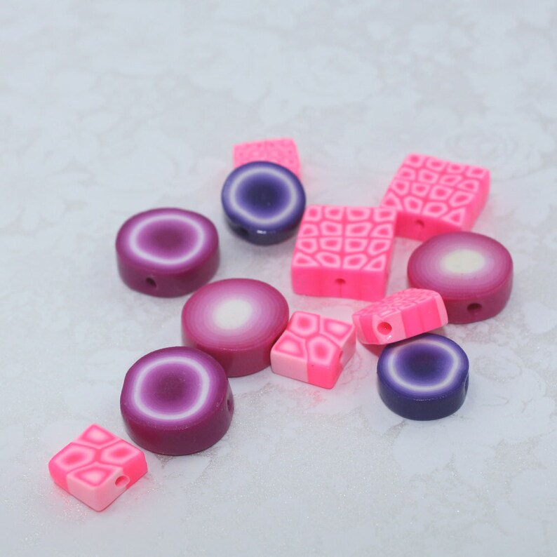 12 unique assorted handmade polymer clay jewelry making beads in rich delicious colorful pink purple violet white square /& round beads