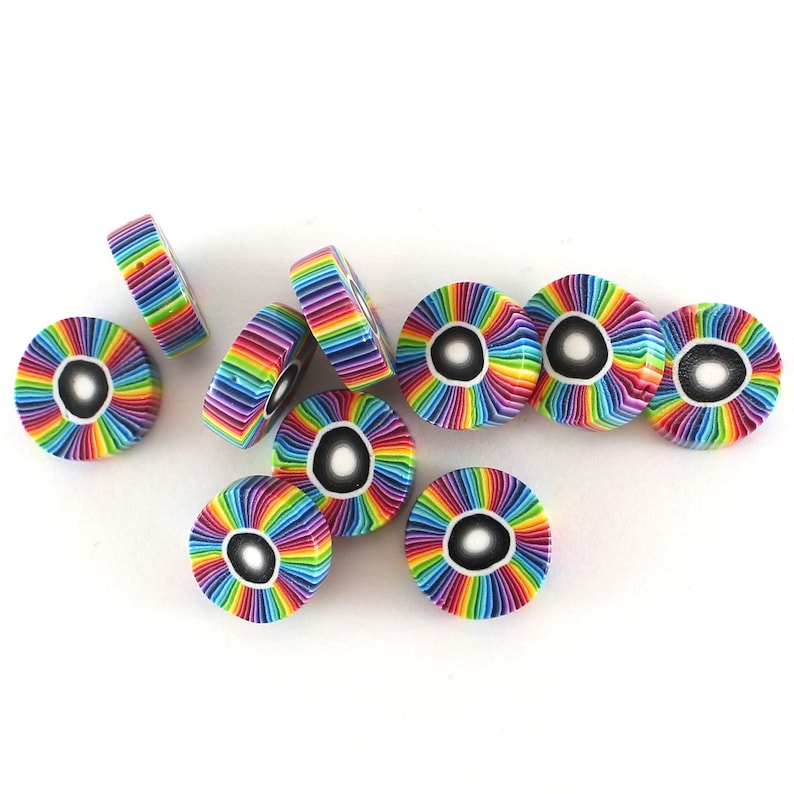 unique set of 10 polymer clay rainbow beads Colorful stripes beads round flat beads for jewelry making craft supplies beads candy beads