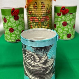 Decoupaged Tin Cans, Recycled Items, Repurposed Tins, Farmhouse Decoration, Succulent Planter