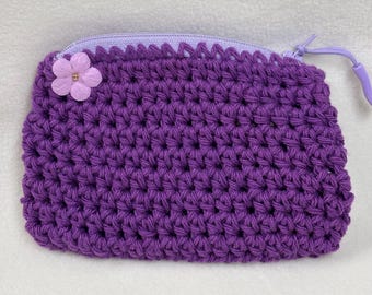 Crocheted Coin Purse: Purple Zipper Pouch with Flower