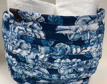 Handmade Fabric Basket: Blue Floral Jelly Roll Bowl, Fabric Storage Basket