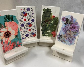Decoupaged Wooden Phone Stand, Handmade Cell Phone Holder, Desk Charging Station, Mother's Day Gift