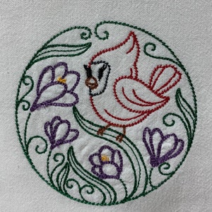 Embroidered Cardinal Tea Towel: Crocus Flower Flour Sack Kitchen Decor