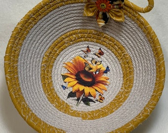 Sunflower rope bowl, Floral rope basket, Summer porch decoration, Sunflower heat transfer, Coiled rope bowl, Sunflower rope basket. Summer