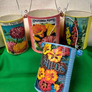 Decoupaged Tin Cans, Upcycled Items, Eco-Friendly Gift Idea, Repurposed Items, Vintage Look Seed Labels